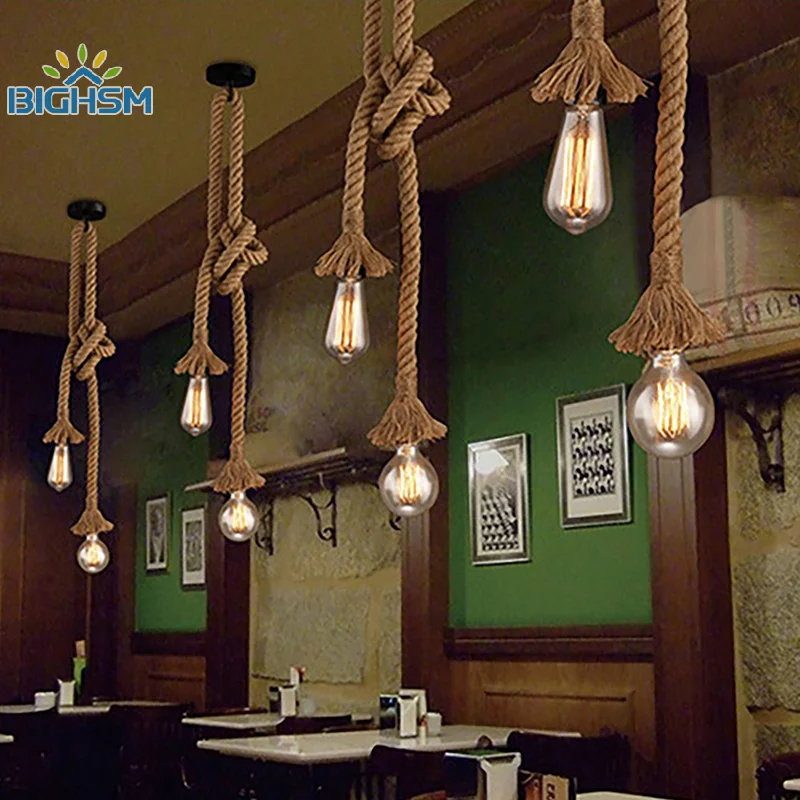 American Vintage Hemp Rope Pendant Lamp Restaurant Bar Cafe Industrial Decoration Pendant Lights Hand-woven Rope Luminaires