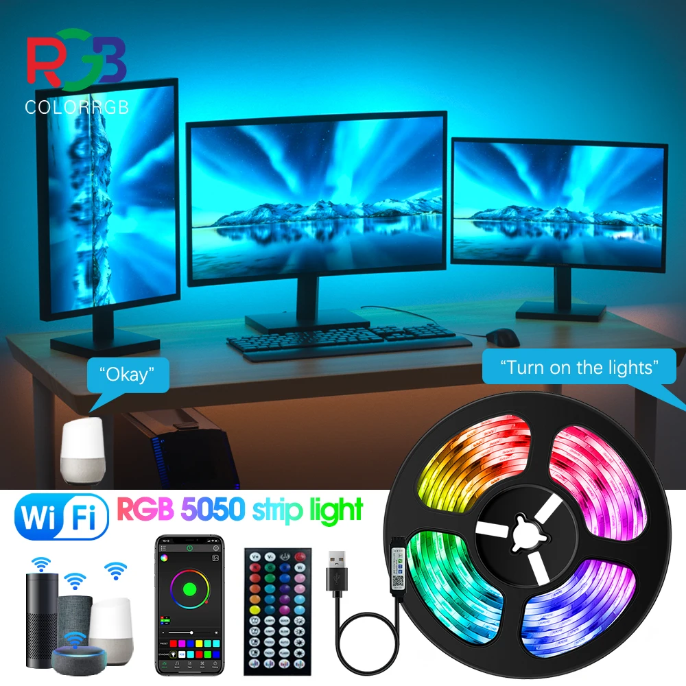 Luzes LED RGB Strip para decoração do quarto, Wi-Fi, Música Sync Tape, Alexa Smart Lights, Party Decor, TV Backlight, Cor RGB, 5050