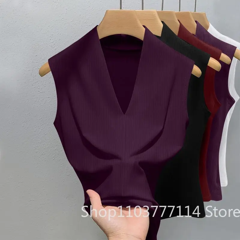 Sommer Damen V-Ausschnitt Ärmellose Weste Slim Fit Oberbekleidung für Mädchen Einfarbig Sexy Modisch, Lässig, Atmungsaktives Basis-T-Shirt – Detail 9