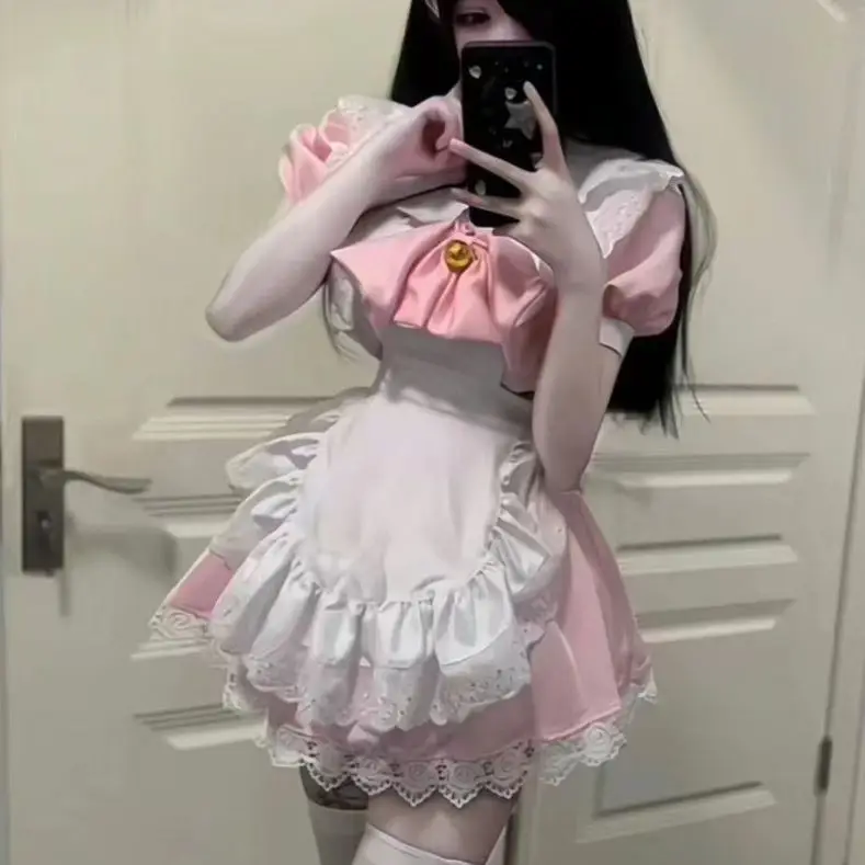 Sweet Pink Lolita Maid Uniform Cosplay Costume Large Size Anime Role-playing Fashion Set Short Sleeve Women's Ensemble