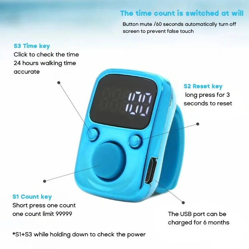 28GF Rechargeable Digital Finger Ring LED Electronic Hand Tally Counter Timer Decompression Prayer Counter Clicker Portable