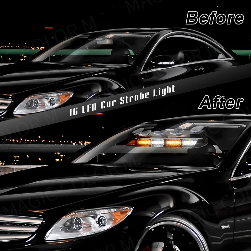 16 LED Car Strobe Warning Light Assembly Front Windshield Emergency Lamp Yellow White Red Blue For Vehicles Trucks Waterproof