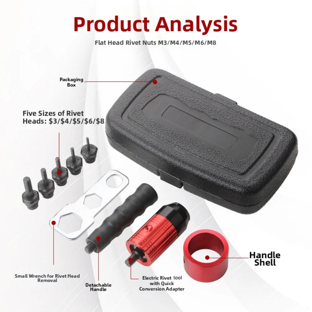

Набор адаптеров для электрических заклепок для аккумуляторной дрели с 5-оправками и гаечным ключом обеспечивает безопасное и эффективное соединение гаек.