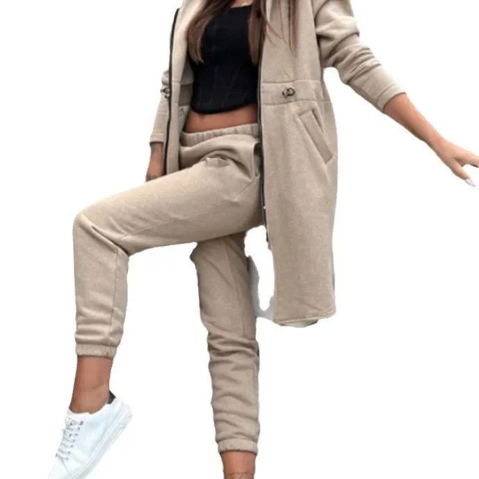 Set di pantaloni da donna autunno inverno set di pantaloni tinta unita con zip con cappuccio felpa con cappuccio tasca set di pantaloni a matita regolari moda casual
