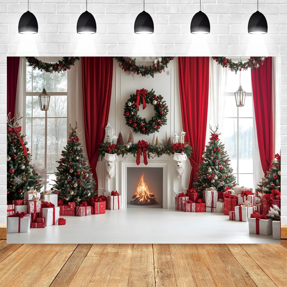 Merry Christmas Photography Backdrops Xmas Tree Fireplace Santa Kids Family Child Xmas Winter Festival Decor Photo Background