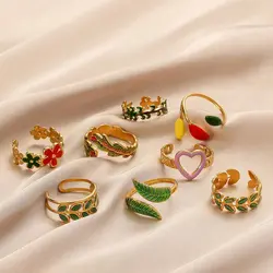 Anillos de acero inoxidable con esmalte colorido para mujer, joyas abiertas con forma de corazón, flor, pluma y hojas, regalo de joyería al por mayor, 2023