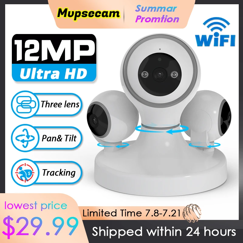 

12MP WiFi Security Camera Three Lens Three Screens Wireless 360° HD Video Surveillance IP Cameras PTZ Smart Home Baby Monitor