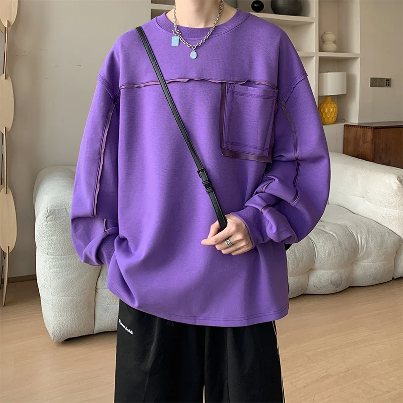 プラスサイズの男性用パーカー春と秋の長袖シャツティーンエイジャー向けのアメリカのトレンディなブランドルーズベースレイヤーポケットトップTシャツ