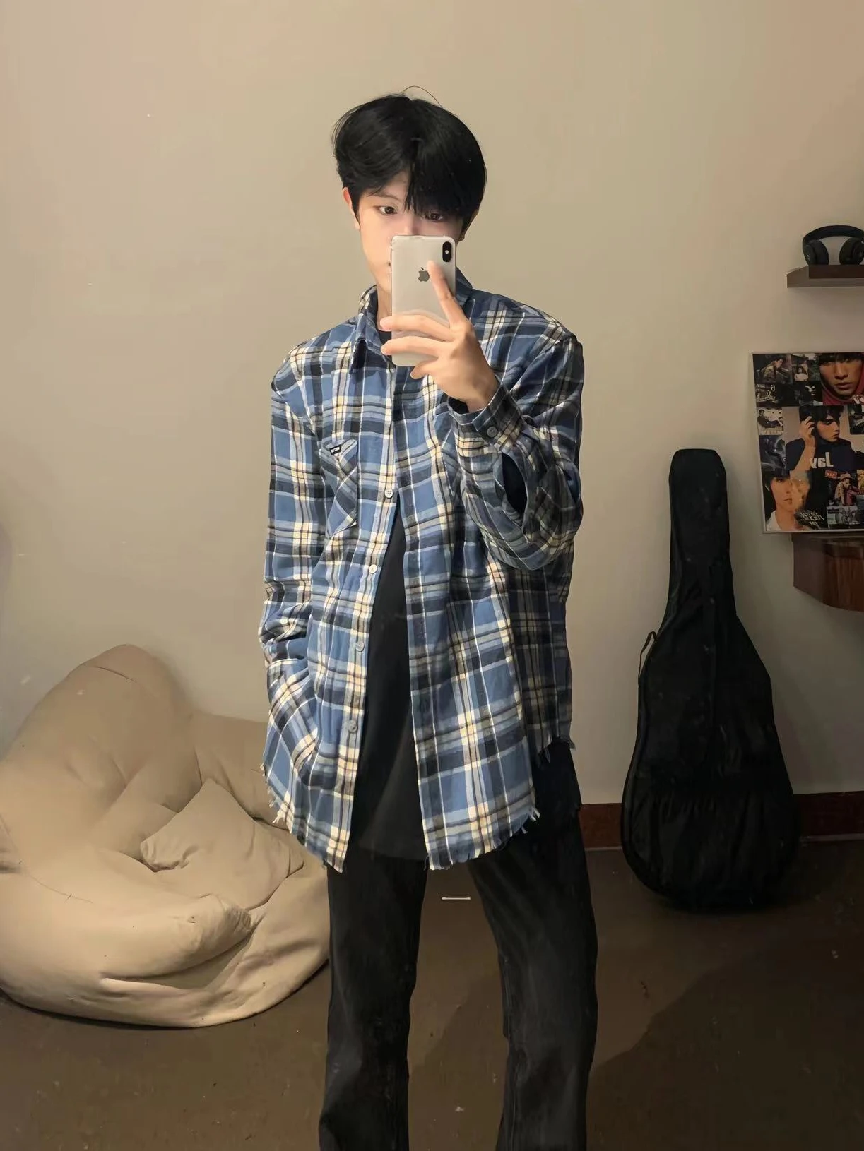 

Loose Casual Plaid Long Sve irt Blue Spring Autumn ex Vintage American Sle Outerwear Trendy Boy's Cheered irt