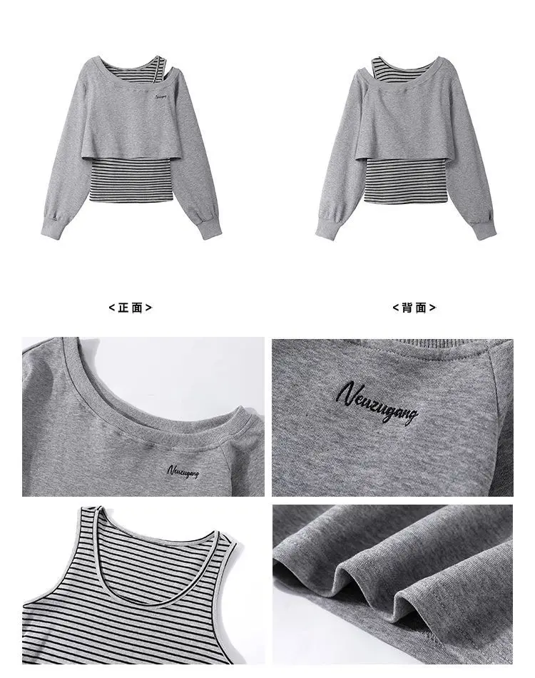 Designer Unique Off-shoulder Tops Women Two Piece Set Long Sleeve Striped Sweatshirt Fall Navy Hoodie Jacket Spring Outwear