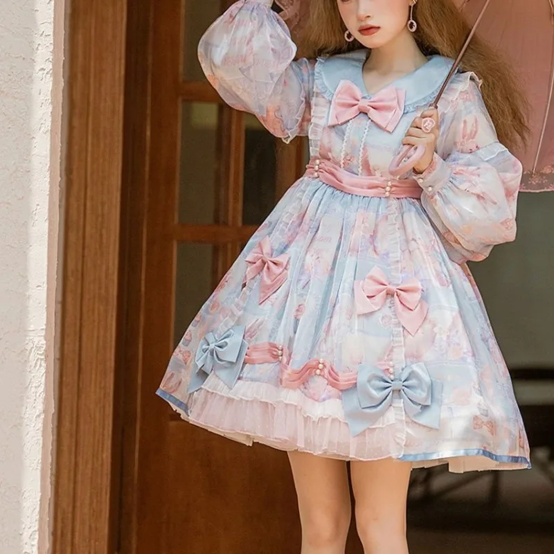 

Sakura Sugar Paper Sweet Japanese Lolita 2024 Spliced Doll Neck Lace Bow Lantern Sleeve Printed Fashion Princess Party Dresses