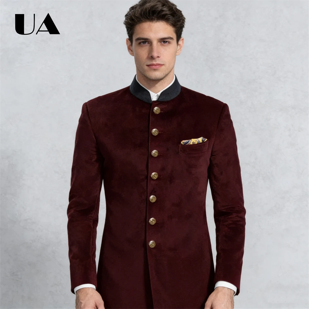 Afrikaanse stijl fluwelen pak jas voor mannen, halve opstaande kraag jasje XXS-7XL herfst heren formeel pak bruiloft bruidegom pak blazer