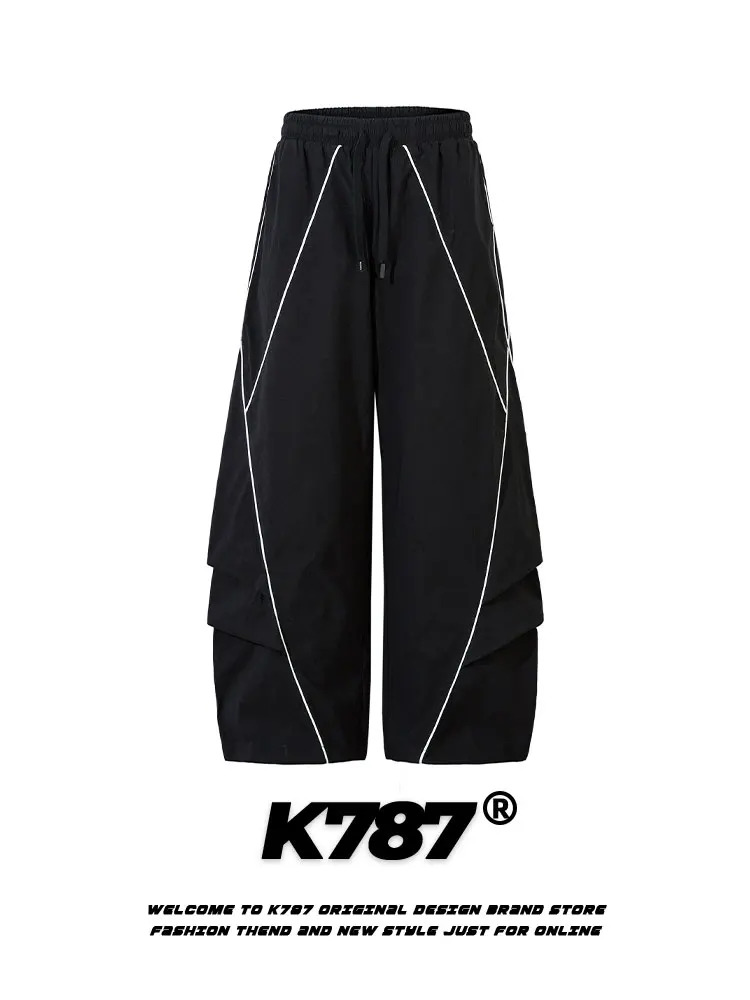 

K787 American Retro Oversize Casual Pants Straight Leg Street Dance Sports Wear for Men And Women High Waist Elastic Waisand