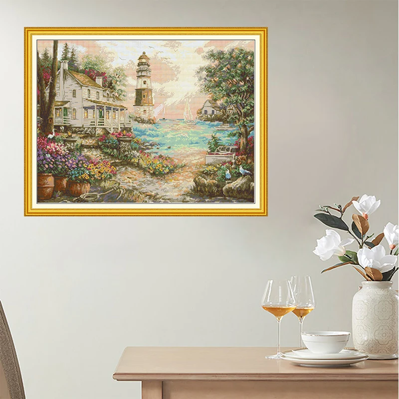 Joy Sunday Landscapes Cross Stitch Kits Cottage by the Sea Aida Fabric 16ct 14ct 11ct Embroidery Cotton Thread Diy Craft Set