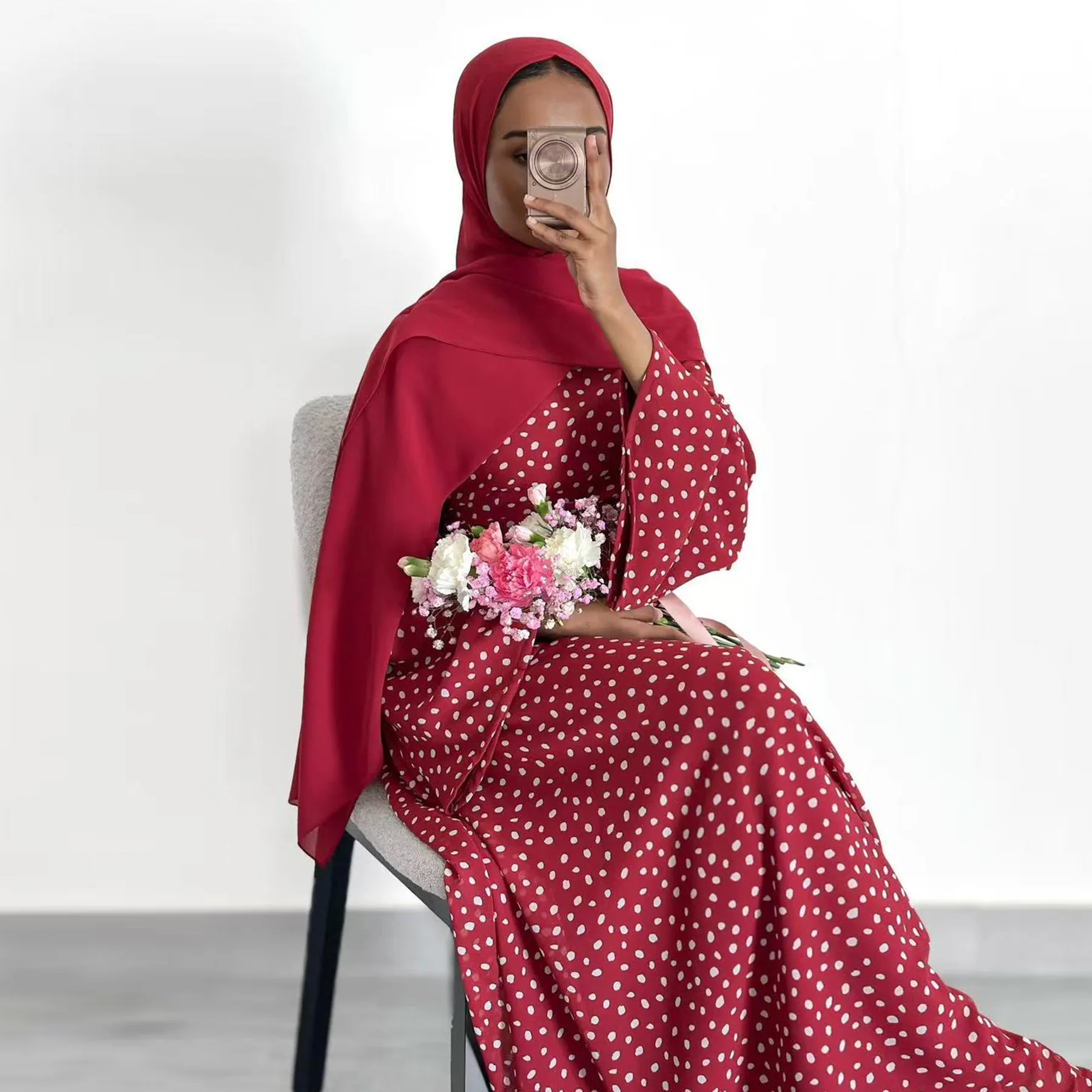 2026 Women's Dresses Islamic Clothing Printed Summer Dresses Modest Polka Dot Closed Abaya Women Muslim Dress Attached Belt