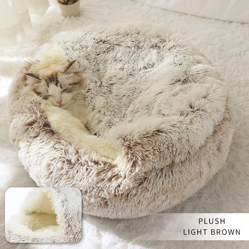 Kimpets Round Cat Beds House Soft Long Plush Winter Cushion Warm Cat BasketSleep Bag Cat Nest Kennel For Small Dog Cat