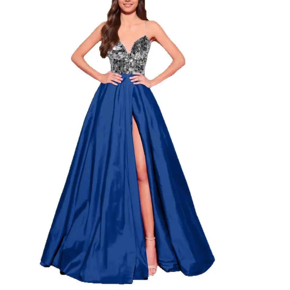 2025 جديد مزدوج اللون الترتر سبليت مثير خارج على الكتف العميق الخامس الرقبة الكرة ثوب مساء اللباس