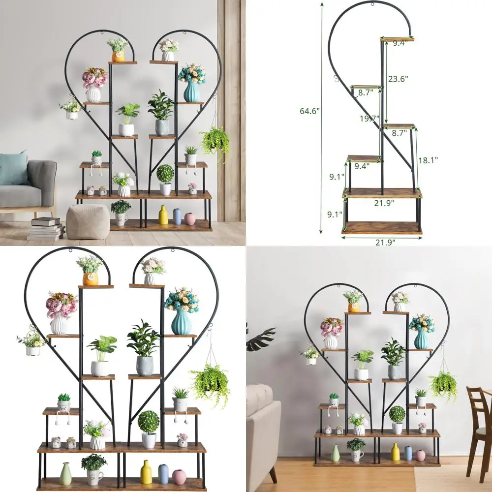 

6-Tier Tall Indoor Plant Stand, Half Heart Shape Ladder Design for Multiple Plants, Metal Construction
