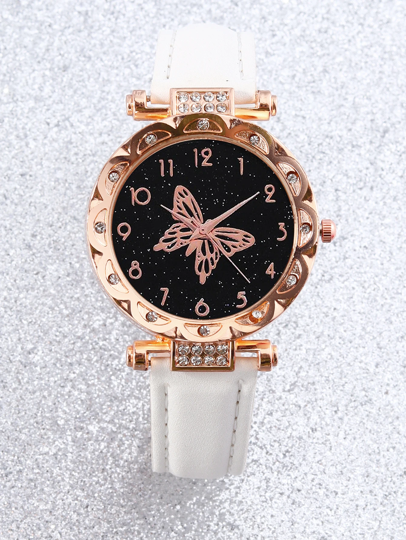 White casual fashion women's PU quartz watch and butterfly beaded alloy bracelet set back to school season wear good gifts