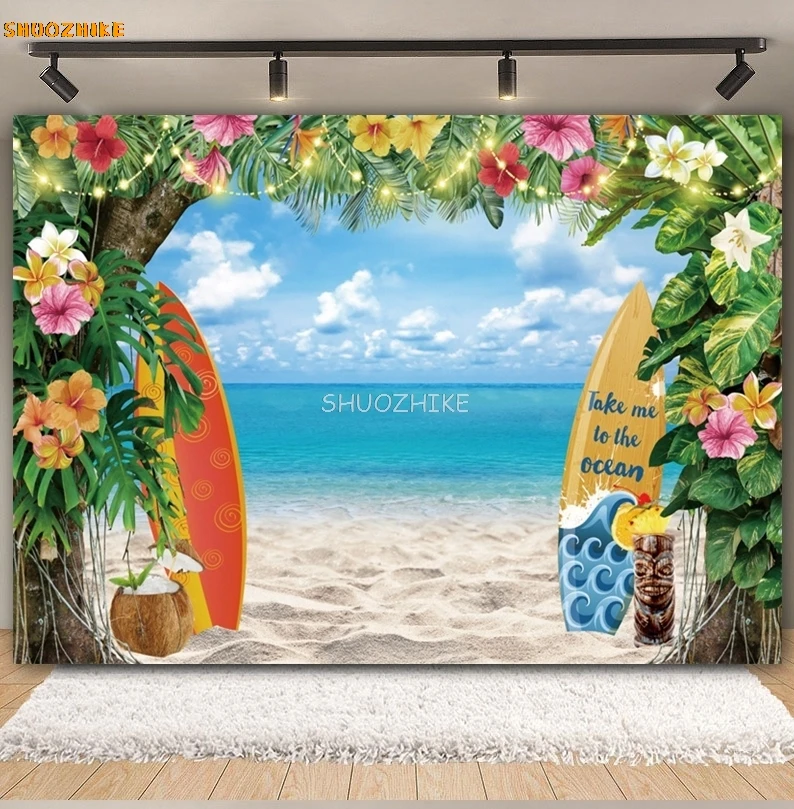 Fondo de playa Tropical hawaiana de verano Aloha Luau flamenco océano tabla de surf boda fiesta de cumpleaños fotografía decoración de fondo