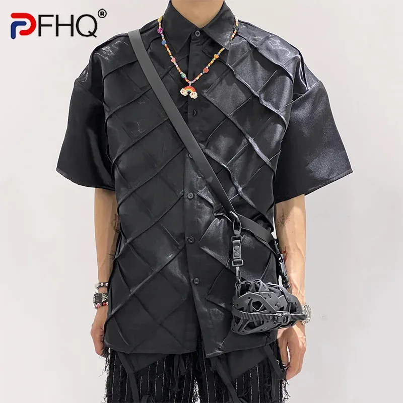 

PFHQ Design Niche Black Square Pleated Short Sleeved Shirt Summer Design Loose Fitting 2024 Darkwear Male Tops Fashion 21Z5336