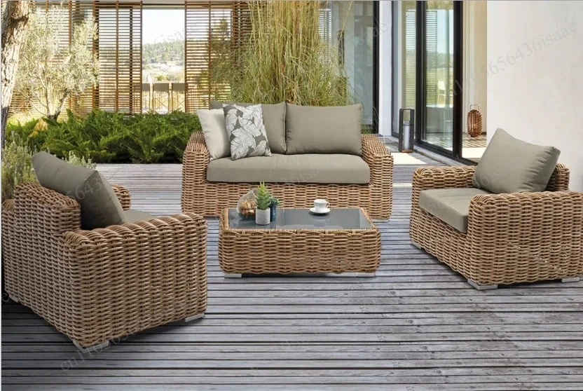 OUTDOOR ALUMINUM VINE WEAVING 4 PIECES FURNITURE SET BALCONY COURTYARD LEISURE COMBINATION SOFA TABLE VINE CHAIR