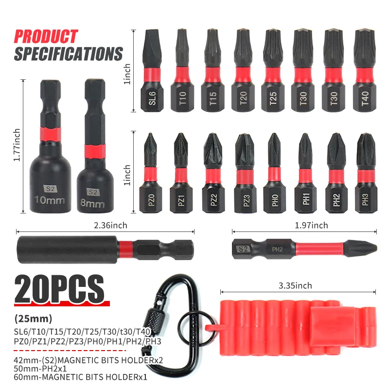 20Pcs Impact Power Bit Set S2 Steel Screwdriver Bits with 3 Magnetic Holders T10-T40 PH0-PH3 SL6 for Impact Driver Drill