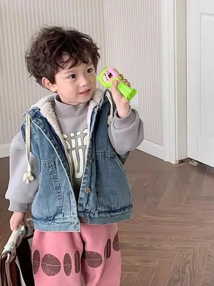 

Boys' Plush Vest And Winter Thickened Warm Baby Boys' Denim Coat Children's Vest Outerwear Girls' Autumn Clothes Vest For Boy