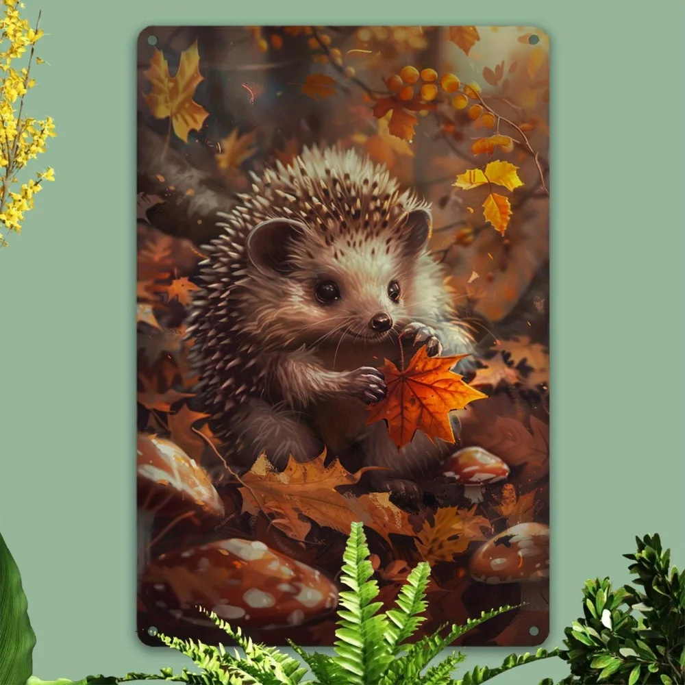 Vintage-Wandkunst aus Metall mit Waldmotiv und Igel – rustikales Tier-Blechschild für Zuhause, Veranda, Garten oder Café-Dekoration, 8x12 Zoll große Plakette