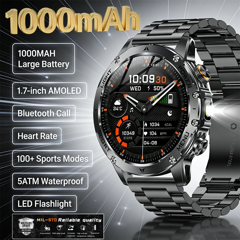 

Смарт-часы LIGE New Outdoor GPS Sport Tracker с GPS-трекером, батареей 1000 мАч, LED-фонариком, водонепроницаемостью, Bluetooth-звонками и AMOLED-экраном