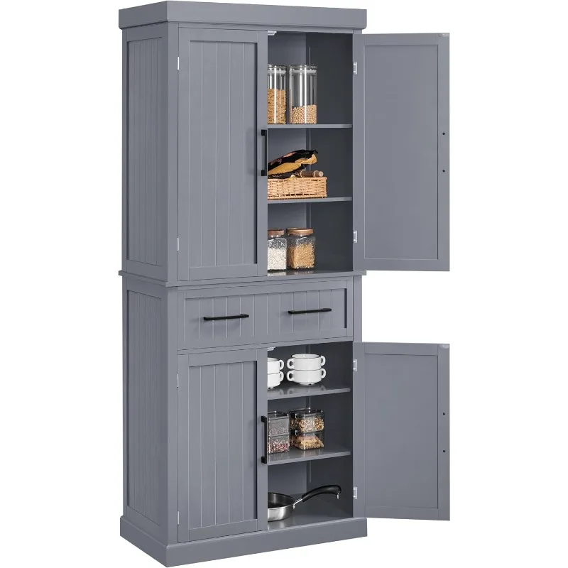 Kitchen Pantry Storage Cabinet with Drawer,Cupboard Pantry Cabinets Adjustable Shelves Barn Doors for Dining Room/Living Room