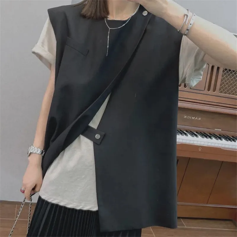 Korean Style Suit Vest Coat Women Vintage Loose Sleeveless  Workwear Blazer Ladies Gilet Spring Fall Irregular Black Waistcoat