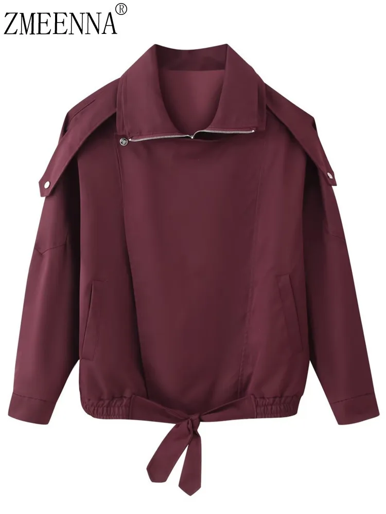 

ZMEENNA Women's Maroon Jacket Lapel Asymmetrical Zipper Tie-Waist Long Sleeve Casual Outerwear Fashion Lightweight ZM4199