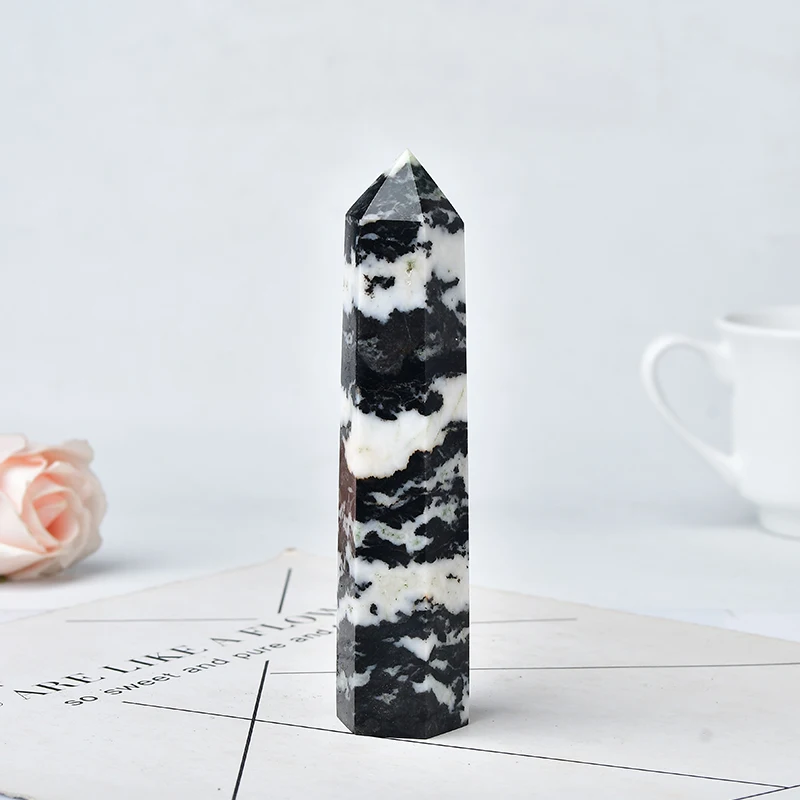 

110-130mm Natural Crystal Point Zebra Stone Healing Stone Reiki Obelisk Quartz Wand Ornament for Home Decor Meditation Pyramid