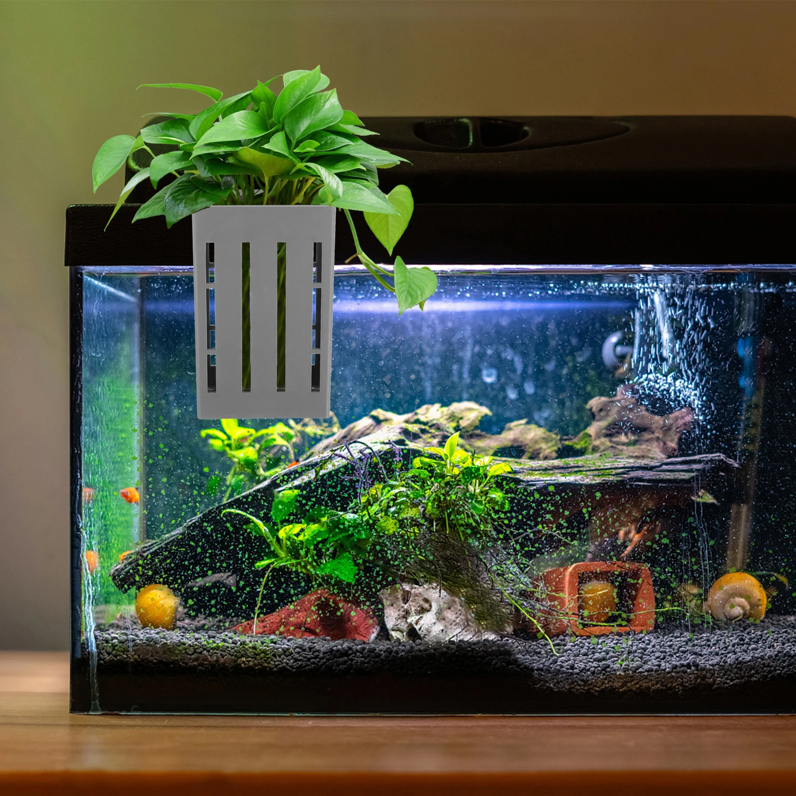 

4pcs Aquatic Plant Holders Fish Tank Decor Dark Grey Hanging Pots with Hooks Spacesaving Design Breathable Holes Easy