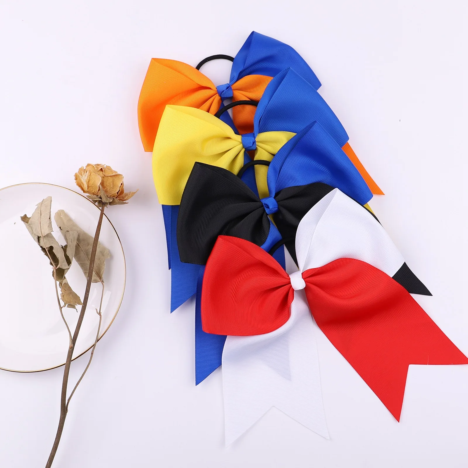 7 Inch Women Fashion Cheerleading Bicolor Crossing Large Hair Bow Girls Grosgrain Ribbon Elastic Hair Band Perform Ponytail Hold