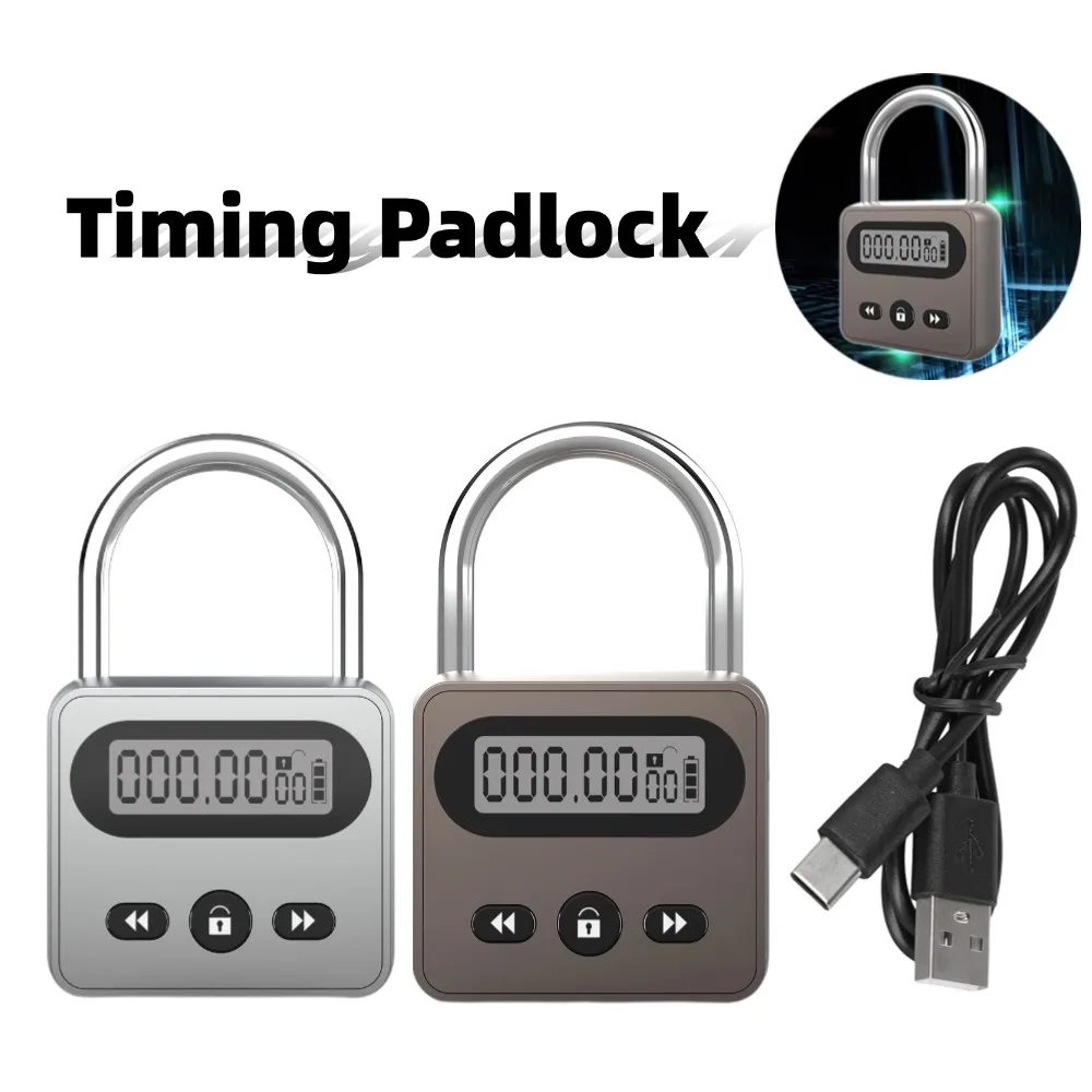 

Heavy-duty Metal Timing Padlock LCD Display Timer Lock Multi-Function Electronic Time 999 Hours Max Timing USB Rechargeable