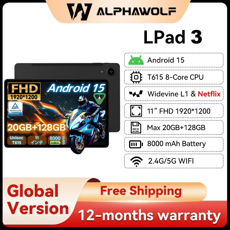 Alphawolf LPad3A 11-inch Android15 Wi-Fi Tablet 20GB + 128GB GPS Widevine L1 1920*1200 FHD IPS 8000mAh PD18W Type-C Charging GMS