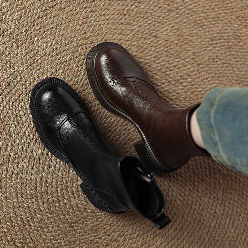 2026 new autumn winter women ankle boots natural leather plus size 22-26cm sheepskin round toe thick heel back zip short boots