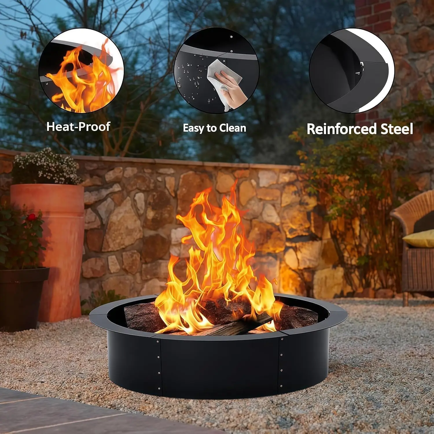 36-60inch Stainless Steel Gas Propane Fire Pit Ring Insert removable Outdoor Heating Smokeless Portable Brazier Ring Heavy-Duty Carbon Steel Liner with Air Vents For camping
