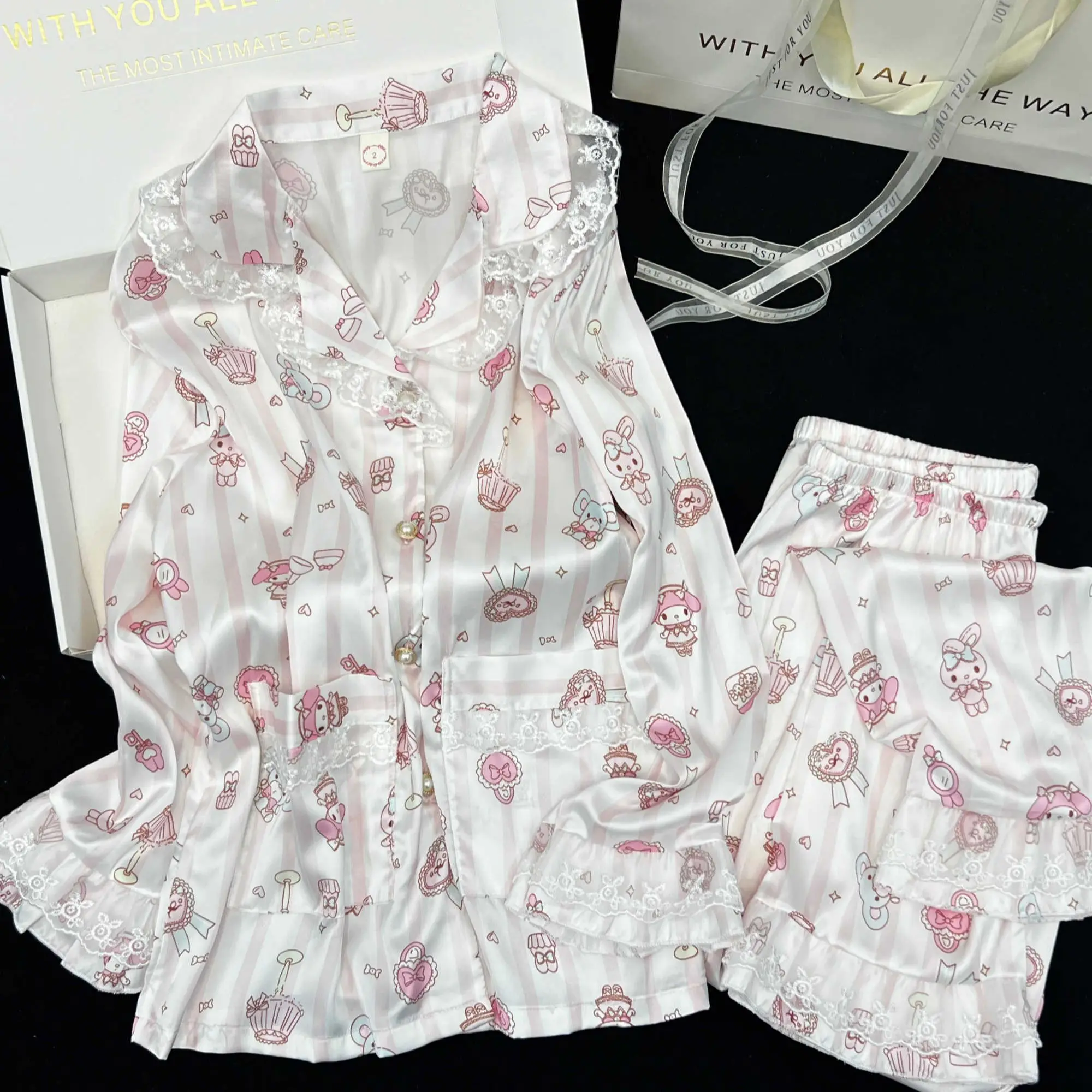 

Sanrio My Melody Sexy Nightie for Woman Spring Pajamas Set Pants Long Sleeve Sleepwear ﻿kawaii Cartoon Pijama Lace Home Suit New