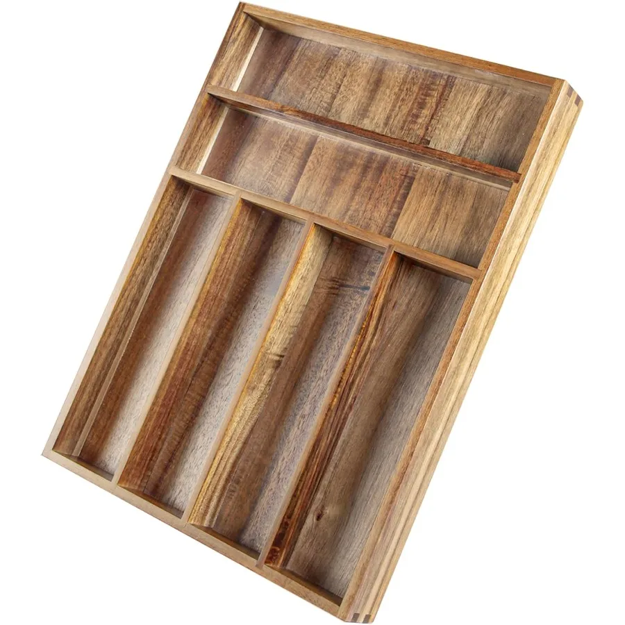 

Acacia Wood Silverware Organizer Kitchen Utensil Drawer Organizer for Forks Knives Spoons 6Compartment Cutlery Tray Flatware Ho