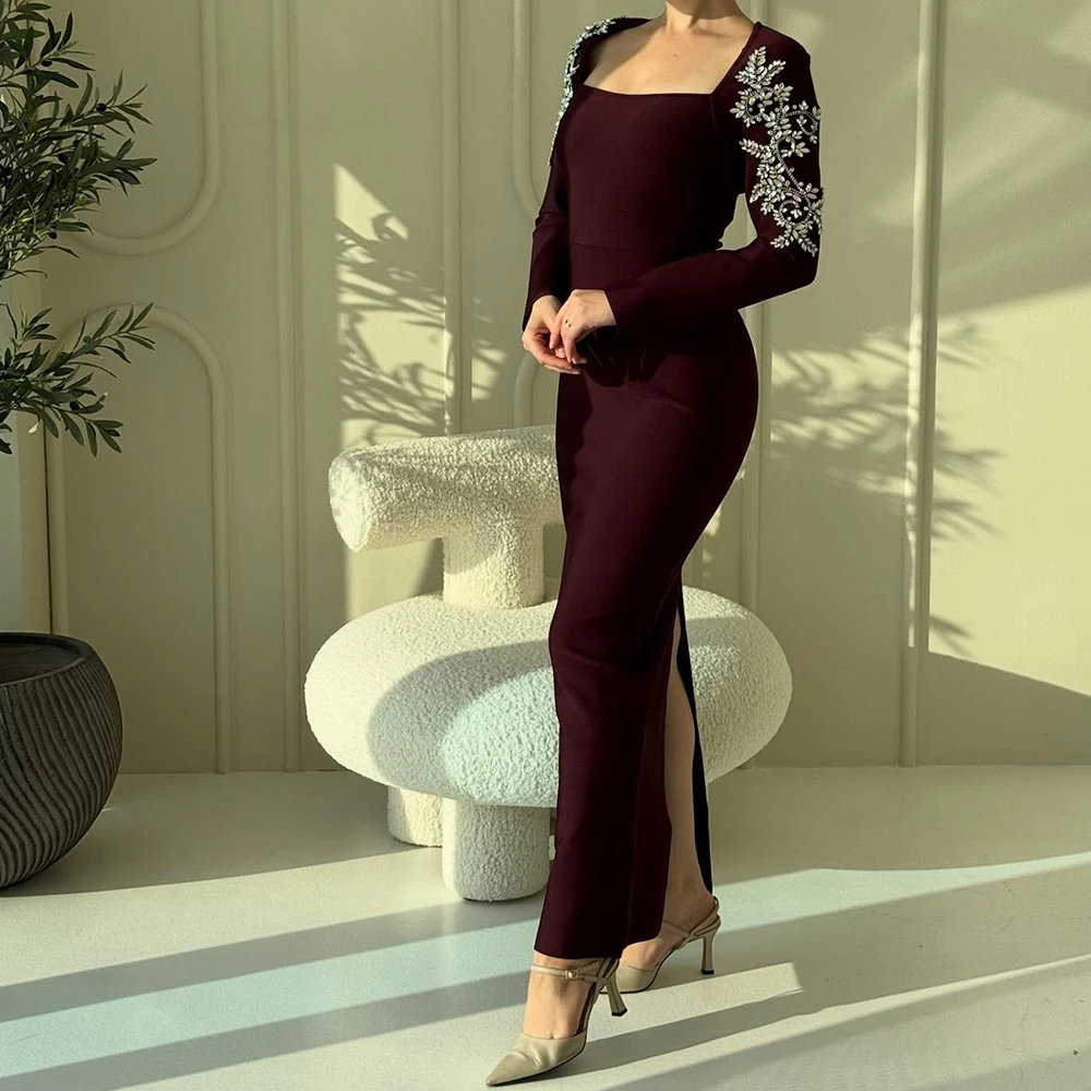 

Прямые вечерние платья по индивидуальному заказу длиной до щиколотки с квадратным воротником и длинными рукавами, платье для выпускного вечера, простое модное изысканное вечернее платье с кристаллами