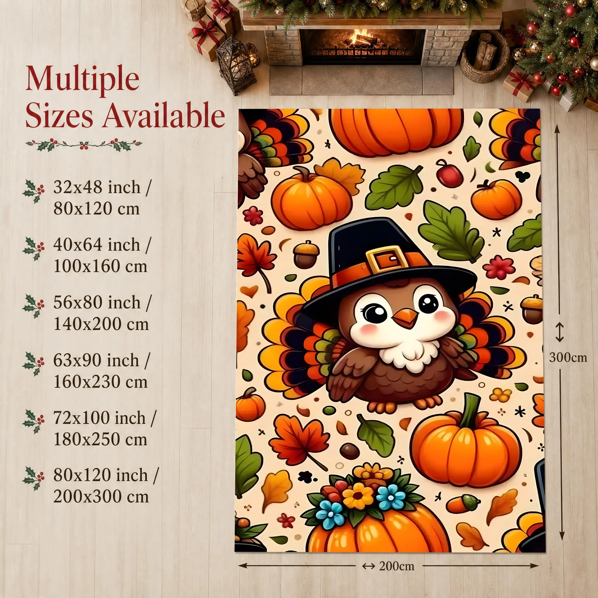 Cute Cartoon Turkey, Pumpkin, and Maple Leaf Childlike Thanksgiving Velvet Rug with a Warm Autumn Atmosphere