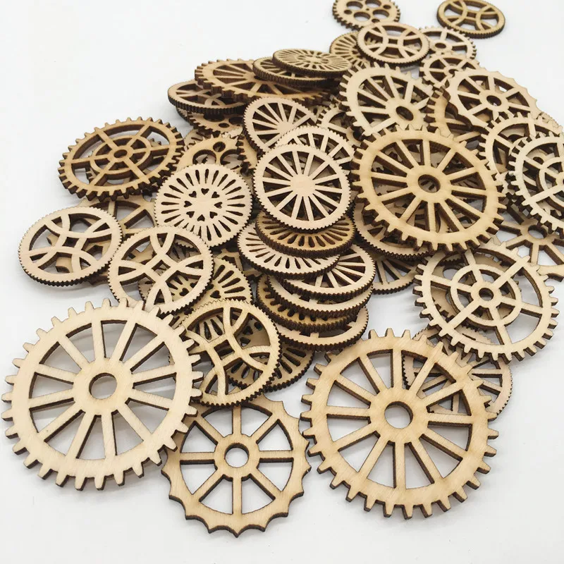 

50pcs Mixed Wheel Gear Natural Wooden Scrapbooking Hollow Craft Round for Handmade Home Decoration