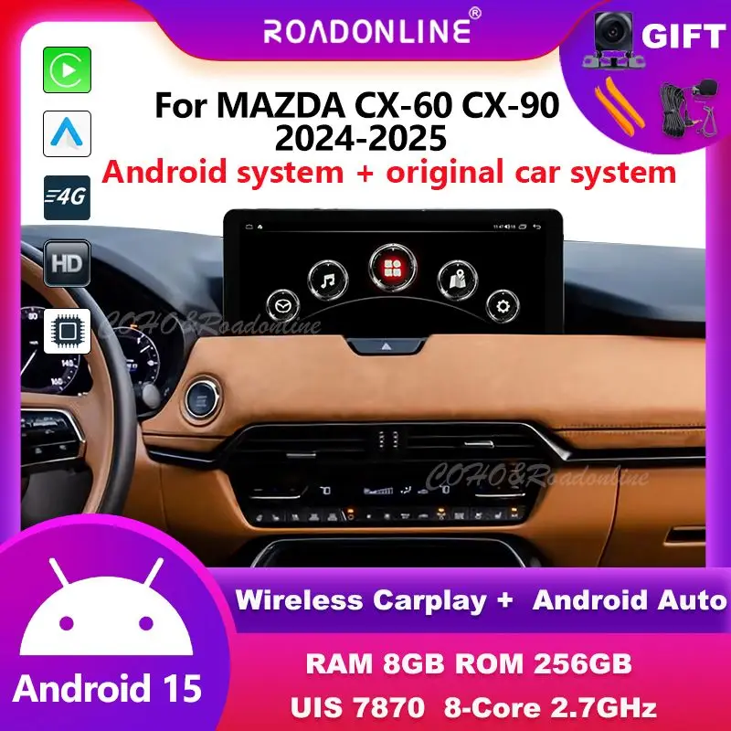 12,3' Für MAZDA CX-60 CX-90 2024 2025 Android 15 8-Kern 8G+256G Auto-Multimedia-Player Stereo-Empfänger Radio Android Carplay