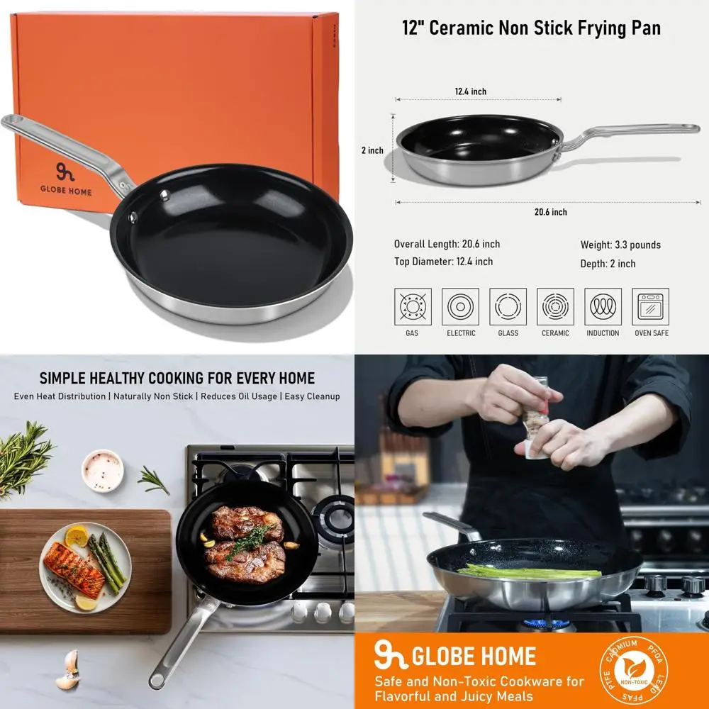 

Профессиональная 12-дюймовая керамическая сковорода с антипригарным покрытием — 5-слойная нержавеющая сталь, без ПТФЭ и PFOA, посуда премиум-класса для здоровья