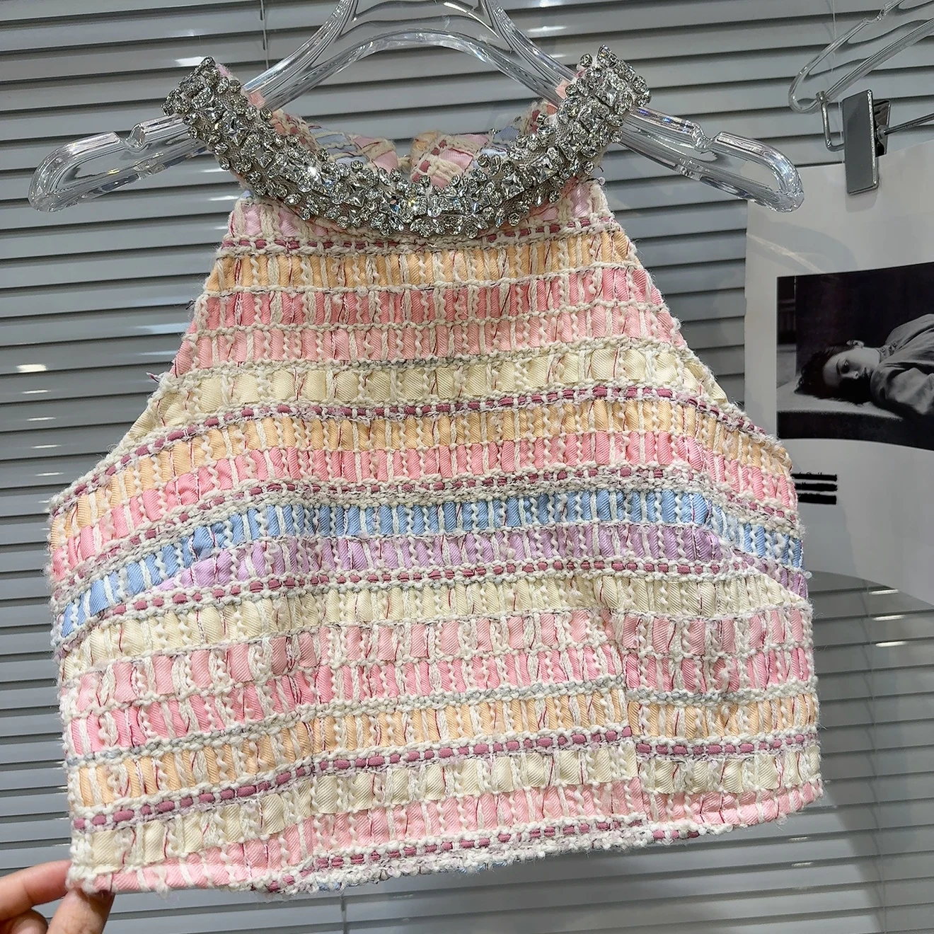 Sweet Woven Tweed Skirt Sets Sexy Girl 2025 Summer New Rhinestone Collar Neck Vest + Skirt Two Piece Sets Womens Outifits