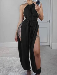 Sexy Ärmel Side Slit Halter Strampler Frauen Overalls Solide Schlank Partei Ein Stück Overalls Clubwear