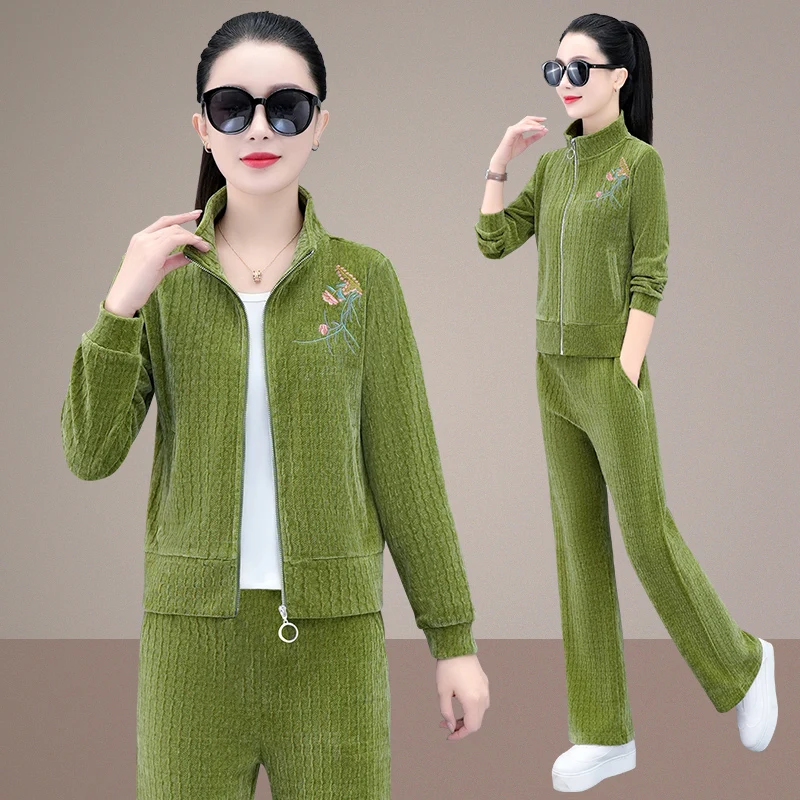 

3pcs Women Sport Suit Tracksuit Spring Korean Embroid Jacket+sweatshirt+pant Running Jogger Outfit Casual Workout Set Activewear
